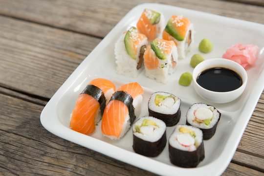 Set of assorted sushi served on plate