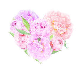 Floral heart - pink peonies flowers. Watercolor for Valentine day, wedding