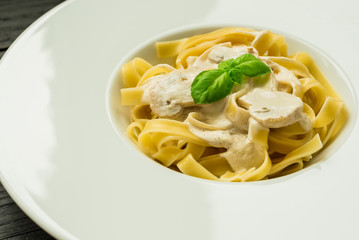 Ready to eat pasta with mushrooms and cream sauce