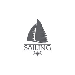 Black and white graphic yacht club, sailing sport logo template with steering wheel, vector illustration isolated on white background. Graphic yacht, sail boat logotype, logo design