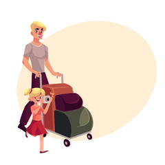 Young man pushing airport luggage trolley with his daughter holding camera, cartoon illustration on background with place for text. Young father and daughter going on vacation in the airport