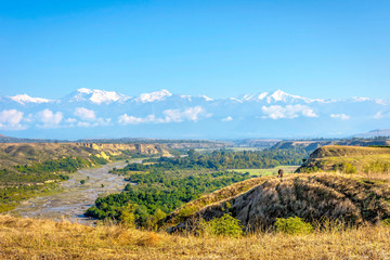 River, meadow and snowy mountains, Azerbaijan