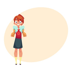 Teenage girl helping to clean the house, holding two foam sponges, cartoon vector illustration with place for text. Girl cleaning home in rubber gloves with two foam sponges