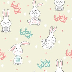 Vector seamless pattern with cartoon cute bunny