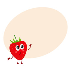 Cute and funny comic style garden strawberry character looking up, cartoon vector on background with place for text. Red and ripe strawberry character, mascot with big eyes