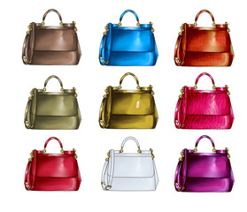 Set of handbags in different textures and colors
