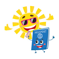 Funny passport and sun characters symbolizing vacation, holidays in exotic countries, cartoon vector illustration isolated on white background. Happy passport and sun characters, holidays concept