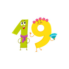 Cute and funny colorful 19 number characters, cartoon vector illustration isolated on white background.nineteen smiling characters, birthday greetings, anniversary