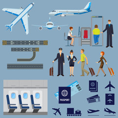 Vector flying passenger aircrafts, plane, check-in, pilot and stewardess