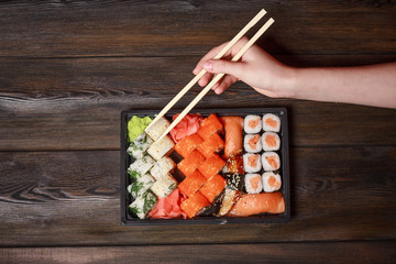 sushi and rolls, rice with seafood, Japanese food