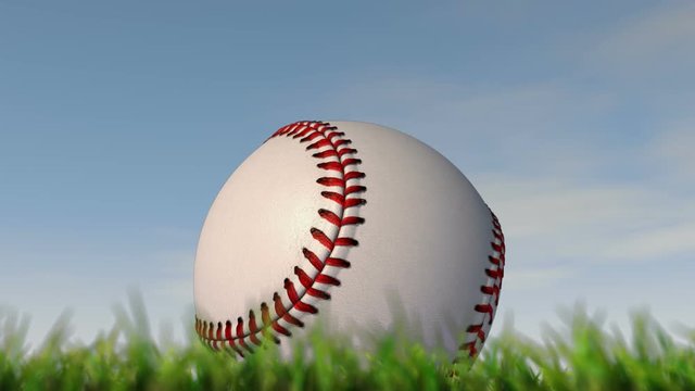  A static shallow depth of focus time lapse over a day of a baseball ball in the grass on a cloudy blue sky background - 3D render
