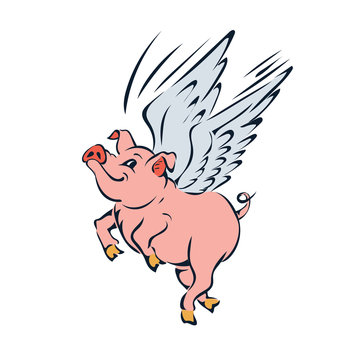 Funny Pink Flying Pig With Wings Vector