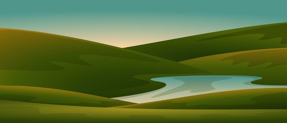 Obraz premium Panoramic View of Lake and Mountain Hills in Valley Illustration