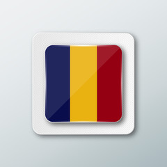 Square button with the national flag of Romania with the reflection of light. Icon with the main symbol of the country.