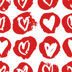 Hand drawn paint seamless pattern. Red and white vector hearts background. Abstract brush drawing