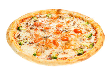 Delicious classic italian Pizza with shrimps, tomatoes and cheese