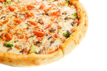 Delicious classic italian Pizza with shrimps, tomatoes and cheese