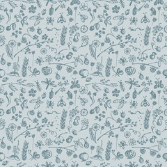 Seamless vector pattern, background with hand drawn cute insects, animals, fruits, flowers, leaves, decorative elements Hand sketch line drawing. doodle style Series of Hand Drawn seamless Patterns.