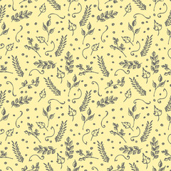 Obraz na płótnie Canvas Seamless vector pattern, blue hand drawn background with flowers, branch, leaves, dots. Hand sketch drawing. Doodle funny style. Series of Hand Drawn seamless childish Patterns.