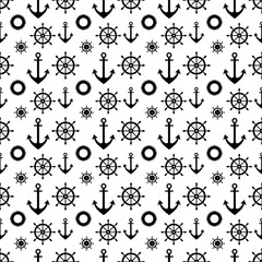 Vector seamless pattern with anchor, steering wheel. Symmetrical background, nautical theme. Graphic illustration. Template for wrapping, backgrounds, fabric, prints, decor, surface Black and white