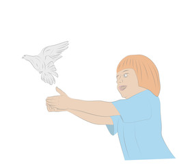 Girl of hands releasing a bird. vector illustration.