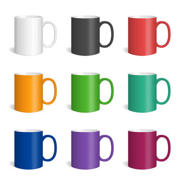 Vector set of realistic colored ceramic mugs. Isolated cups with shadow on white background.