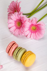Macaroon cakes with pink Gerbera flowers. Different types of macaron. Colorful almond cookies. On white wooden rustic background.