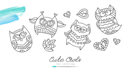 vector owls for coloring, set of cute hand drawn owls, hearts and leaves