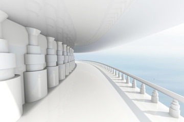 Abstract architectural view with long passage and balcony and remote ocean. 3d render