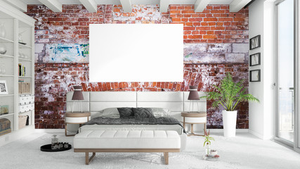 Modern bright interior with empty frame . 3D rendering