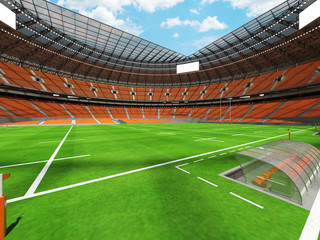 3D render of a round rugby stadium with orange seats and VIP boxes