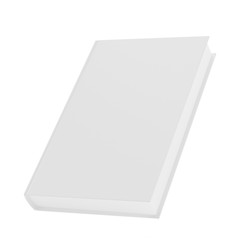 Blank vertical book cover template with pages in front side standing on white surface Perspective view. 3d rendering