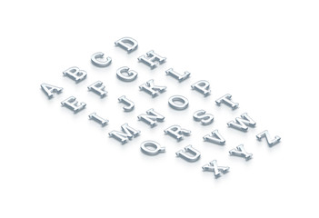 Glass transparent alphabet, isometric view, 3d rendering. Clear realistic letters set, rendered from isometry side. Shiny acrylic abc types cut out. Glassy bright crystal typography characters text.