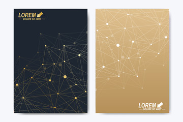 Modern vector template for brochure, Leaflet, flyer, advert, cover, catalog, magazine or annual report. A4 size. Business, science, medical design. Golden cybernetic dots. Lines plexus. Card surface.