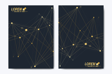 Modern vector template for brochure, Leaflet, flyer, advert, cover, catalog, magazine or annual report. A4 size. Business, science, medical design. Golden cybernetic dots. Lines plexus. Card surface.