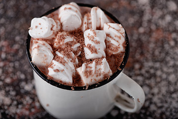 Cup of hot cocoa with marshmallows and grated chocolate