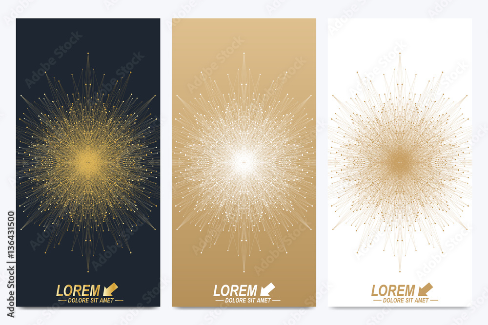 Poster Modern set of vector flyers. Geometric abstract presentation with golden mandala. Molecule and communication background for medicine, science, technology, chemistry.