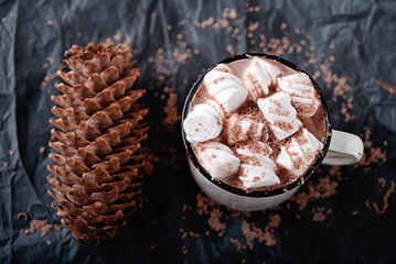 hot chocolate with marshmelou and fir cones