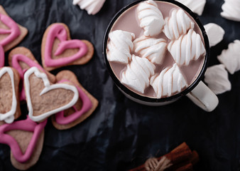 glasses of cafe latte with marshmallow with shortbread hearts. Top view.