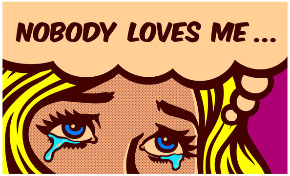 Eyes shedding tears of sad broken hearted single girl crying for loneliness pop art style comic book panel vector wall decoration design illustration