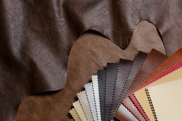 The composition of leather samples on a natural cow leather. Top view.