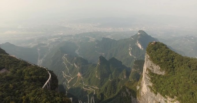 Aerial view of majestic peaks and Tianmen cave of Tianmen mountain national park, Hunan province, China