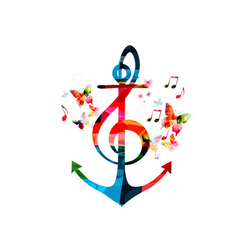 Colorful G-clef with anchor, music vector illustration