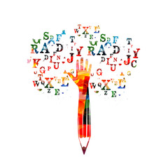 Colorful pencil with human hand and alphabet letters vector illustration