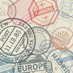 Travel stamps or adventure symbols set or background