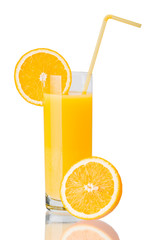 Orange juice and slices of orange isolated on white