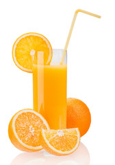 Orange juice and slices of orange isolated on white