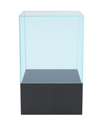 Empty glass showcase for museum exhibition on white background. Mockup object in form box, 3d rendering