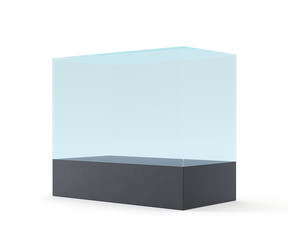 Empty glass showcase for museum exhibition on white background. Mockup object in form box, 3d rendering