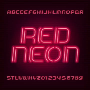 Neon tube alphabet font. Type letters and numbers. Red color on a dark background. Vector typeface for your design.